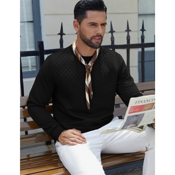 Coofandy Men Black Crewneck Geometric Texture Long Sleeve Sweatshirt - Picture 5 of 5